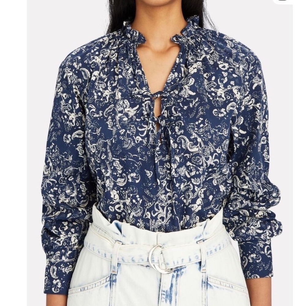 Intermix Navy Blue Floral Paisley Cotton Ruffle Tie Blouse Women‎ Small Boho